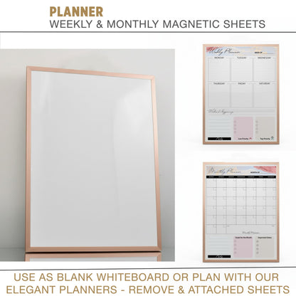Lulu Office Magnetic Dry Erase Board 12x16 with Foldable Stand, Portable Rose Gold Desktop Whiteboard for Home, Office, School & Kitchen, Includes Weekly & Monthly Magnetic Planner Sheets