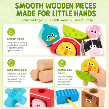 hahaland Montessori Toys for 1 2 3 Year Old, Wooden Farm Stacking & Sorting Toy with Lacing Beads, Shape Cards & Brain Blocks, Toddler Puzzle Activity, Learning Gift for Boys Girls 12 Month+