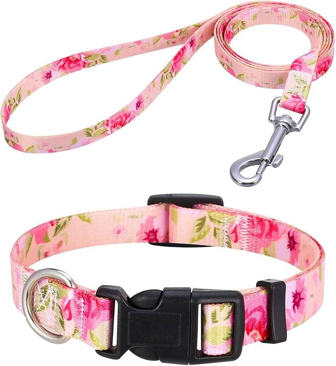 Mihqy Dog Collar and Leash Set with Bohemia Floral Tribal Geometric Patterns - Soft Ethnic Style Collar Adjustable for Small Medium Large Dogs(Pink Rose Set,S)