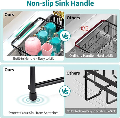 Urackify Expandable Stainless Steel in Sink Dish Drying Rack - Adjustable Dish Rack Over Sink, Rustproof Dish Drainer for Kitchen Counter, Dish Strainer with Utensil Holder, Fit Sink for 13"-18"