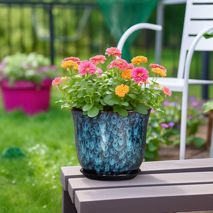 SUNPOTFOR 8 Inch Plant Pot - Ceramic Planter for Indoor Outdoor, Round Planter with Drainage Hole and Saucer, Modern Planters, Flower Pots, Apartment Porch Room Home Decor, Gardening Gifts, Blue
