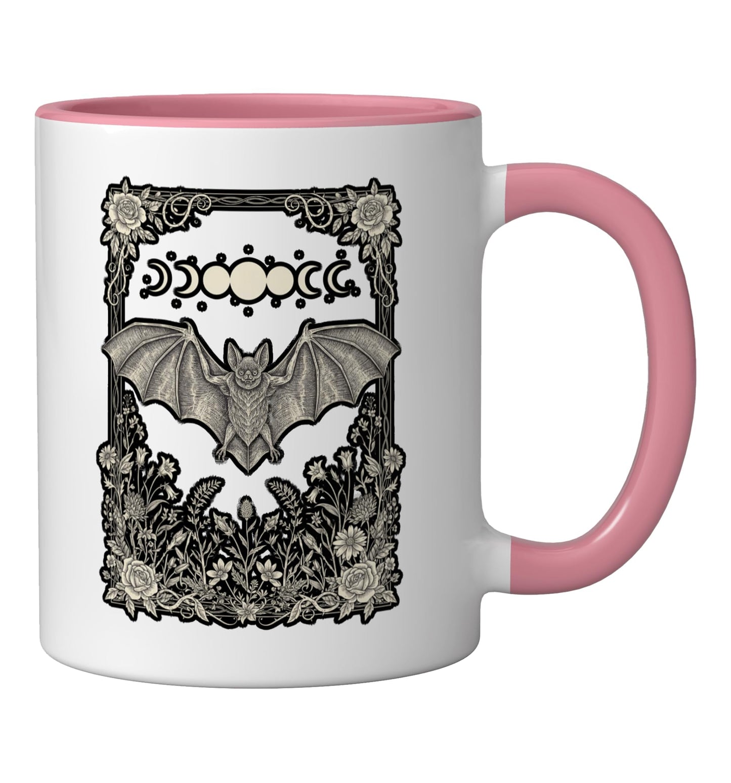 Halloween Bat Moon Phases Vintage Engraving Gothic FloralArt Ceramic Mug, Pink/White