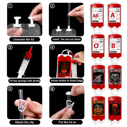 MGparty 48 Packs Halloween Blood Bags for Drink Halloween Party Decoration Drink Pouches Juice Containers for Zombie Vampire Theme Party Props (48pcs Bags, 48 Clips, 3 Syringes)