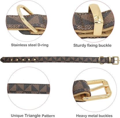Leather Dog Collar and Leash Set, Check Pattern Dog Collar Leashes Metal Buckle Adjustable Durable for Small Medium Large Dogs (Brown, S(11.4-13.4IN))