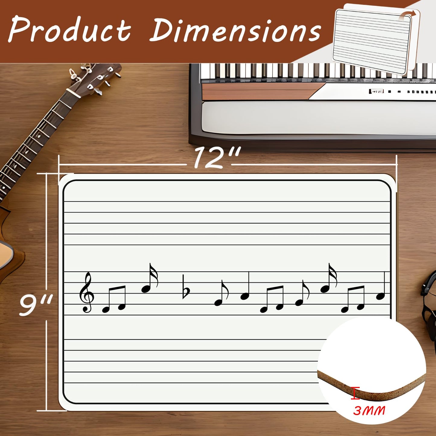 10 Pack Double Sided Music Staff Lapboards 9'' x 12'' - Mini Dry Erase Whiteboards with 3 Staves & Blank Back, Small Music Board for Students, Piano Teachers, Classroom Supplies & Gifts