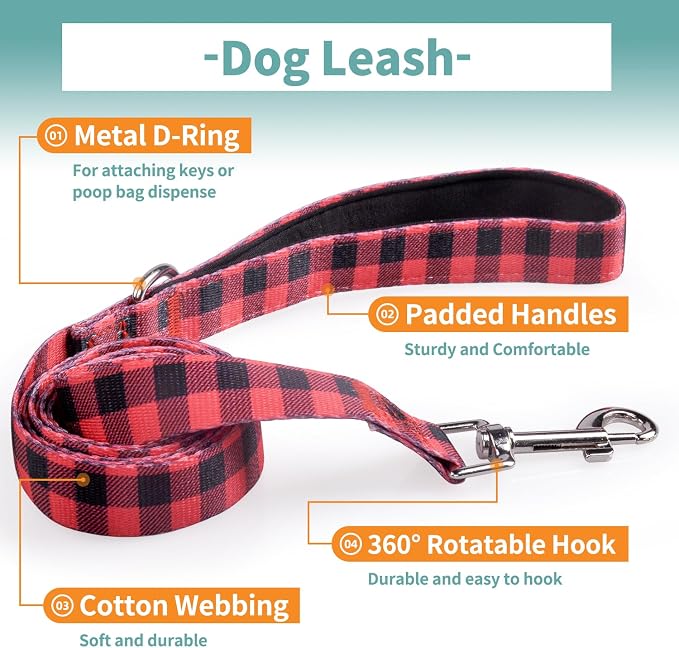 IVY&LANE Dog Collar with Bowtie and Leash Set | Plaid Adjustable Dog Collar | Detachable Bow Tie |5 FT Dog Leash | for Small Medium Large Dogs | Checkered Red | Medium