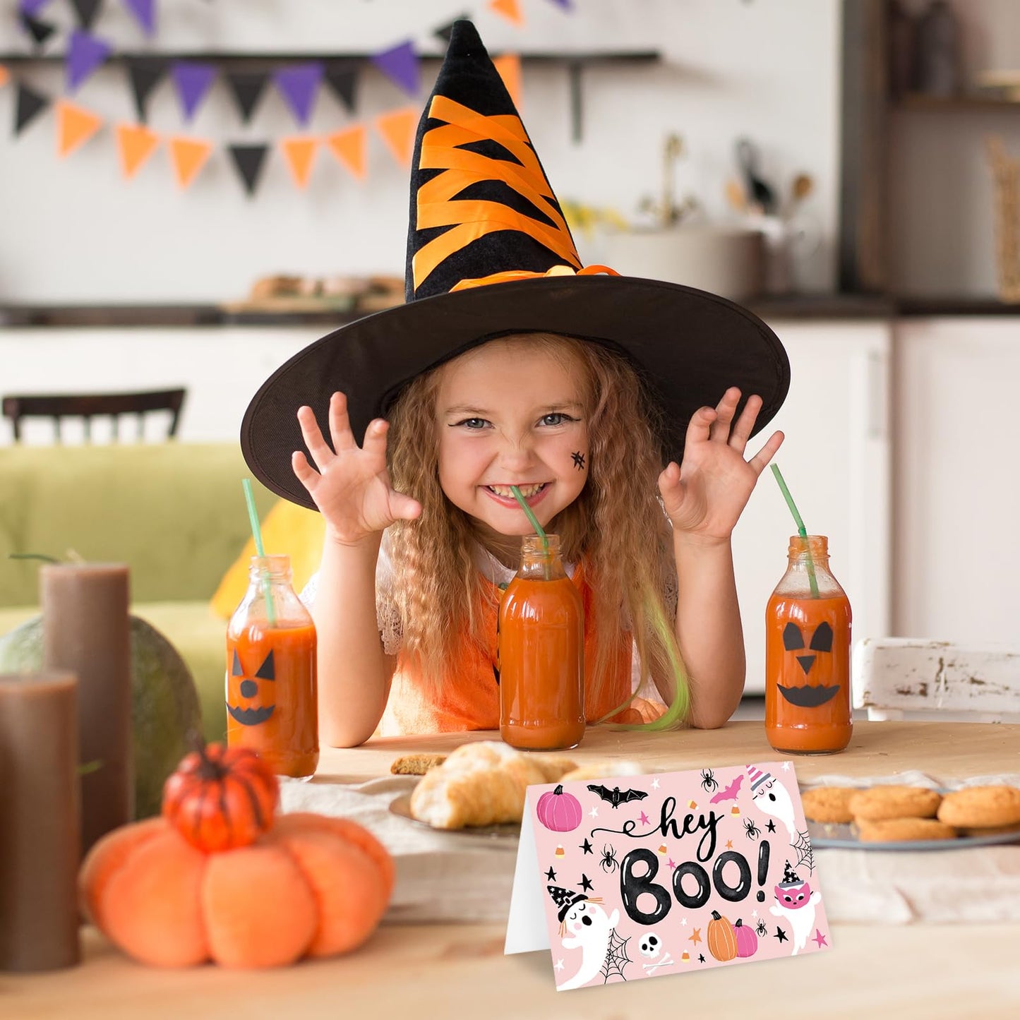 Whaline 24 Pcs Halloween Greeting Cards Boo Ghost Blank Note Cards with Pink Envelopes Stickers for Home Office Classroom Invitations Party Supplies, 4 x 6 Inch