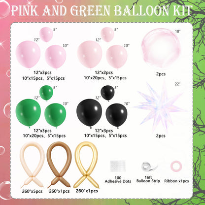 Pink Green Black Balloon Arch Kit, 153 Pcs Wick Balloons with Iridescent Exploding Star Balloons for Princess Witch Birthday Themed Party Decorations Fairy Wonderlad Party Supplies