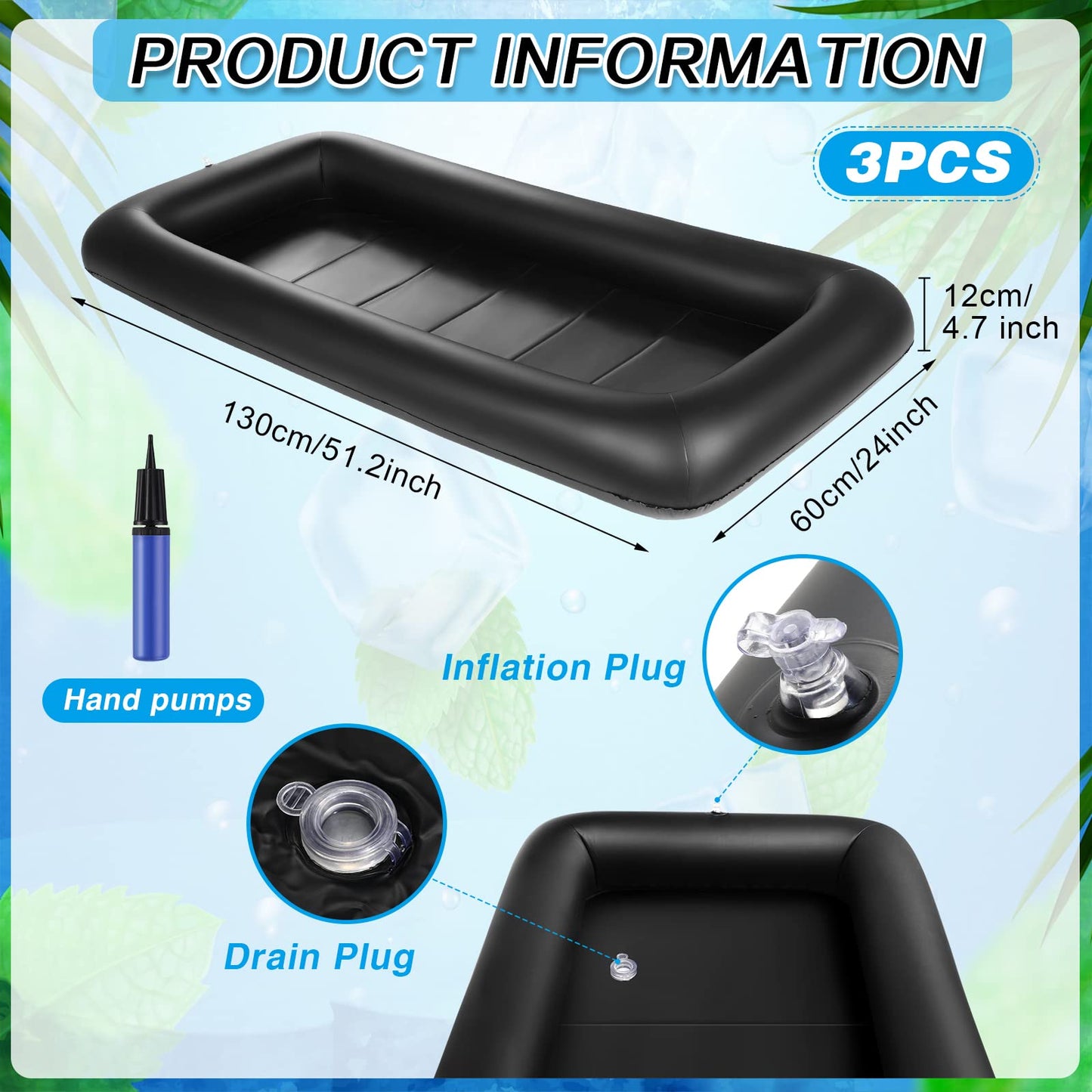 Leitee 3 Pcs Inflatable Serving Bar 52 x 24 x 5'' Ice Buffet Serving Tray Drink Cooler with Drain Plug Inflatable Pool Bar for Party Food Drink Holders with a Hand Pump(Black)