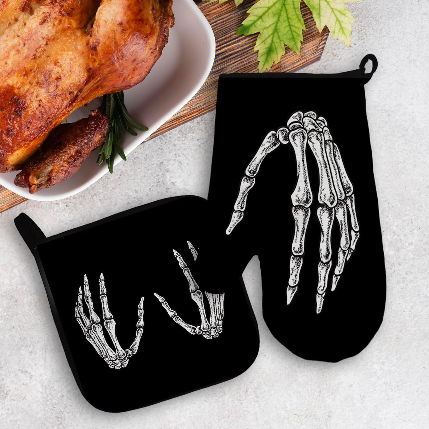 Mingnei Gothic Skeleton Oven Mitts and Pot Holders Sets, Black Goth Heat Resistant Potholder Kitchen Decor for Cooking Baking BBQ Grilling, Gothic Goth Gifts for Women Oven Glove Set