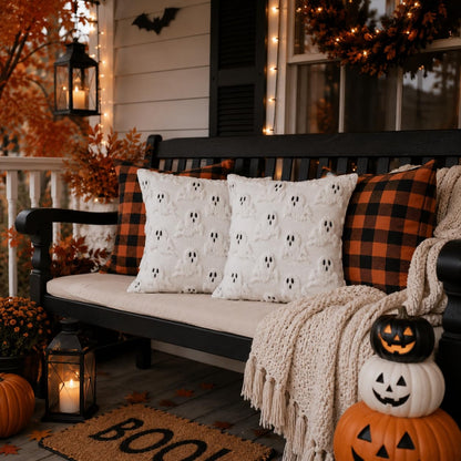 Brylla Halloween Pillow Covers 18 x18 Inch Set of 2 - White Floating Ghost Soft Plush Faux Fur Retro Throw Pillow Cases for Couch Sofa Living Room, Chair Halloween Indoor Decor