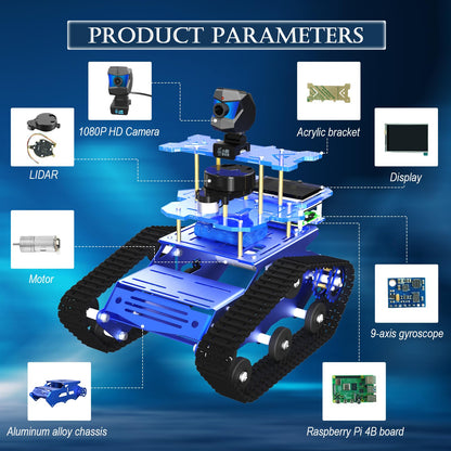Smart Tank Robot Car ROS SLAM with LIDAR, Aluminum Alloy Chassis, Display, HD Camera, Support SLAM Mapping Navigation and Autonomous Driving (with Raspberry Pi 4B 4GB), AI Tracked Car (Black)