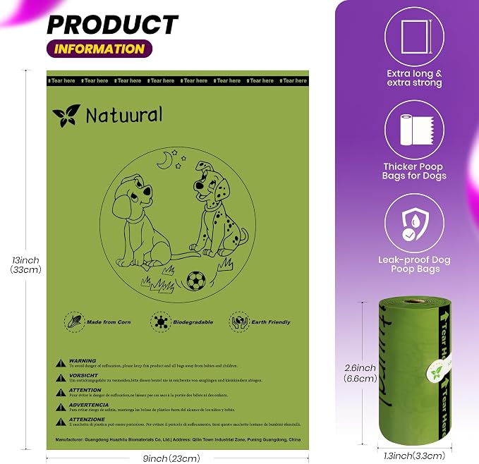 Dog Poop Bags-150 Counts with Leash Dispenser (10 Rolls), Biodegradable Poop Bags, Eco-friendly and Easy to Open, Thick Dog Waste Bags (Green)