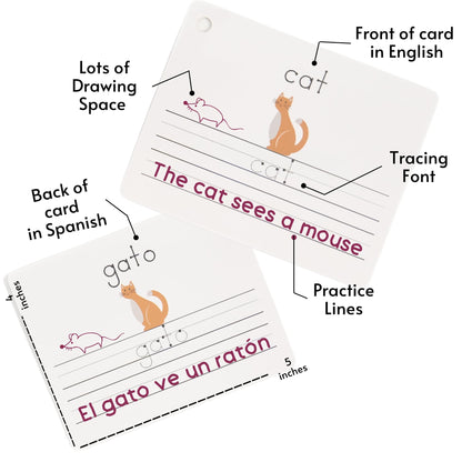 Dry Erase Spanish Flash Cards for Kids | English - Spanish Alphabet Flash Cards for Beginners - Set of 200 ESL Teaching and Learning Bilingual Flashcards for Writing and Reading Games.