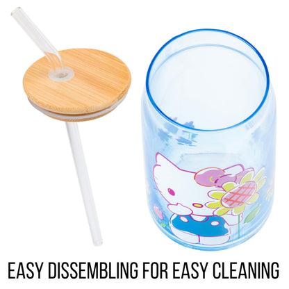Silver Buffalo Sanrio Hello Kitty Floral Glass Tumbler with Bamboo Lid and Glass Straw, 16 Ounces