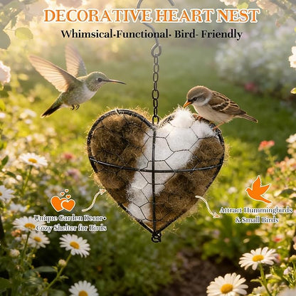 Handmade Fiber Bird Nesting Heart, Refillable,Birds Nests Material Holder, Winter Tree Shelter for Wild Bird,Outside Garden Art Birdhouse,Animal Hummingbirds Lovers Home