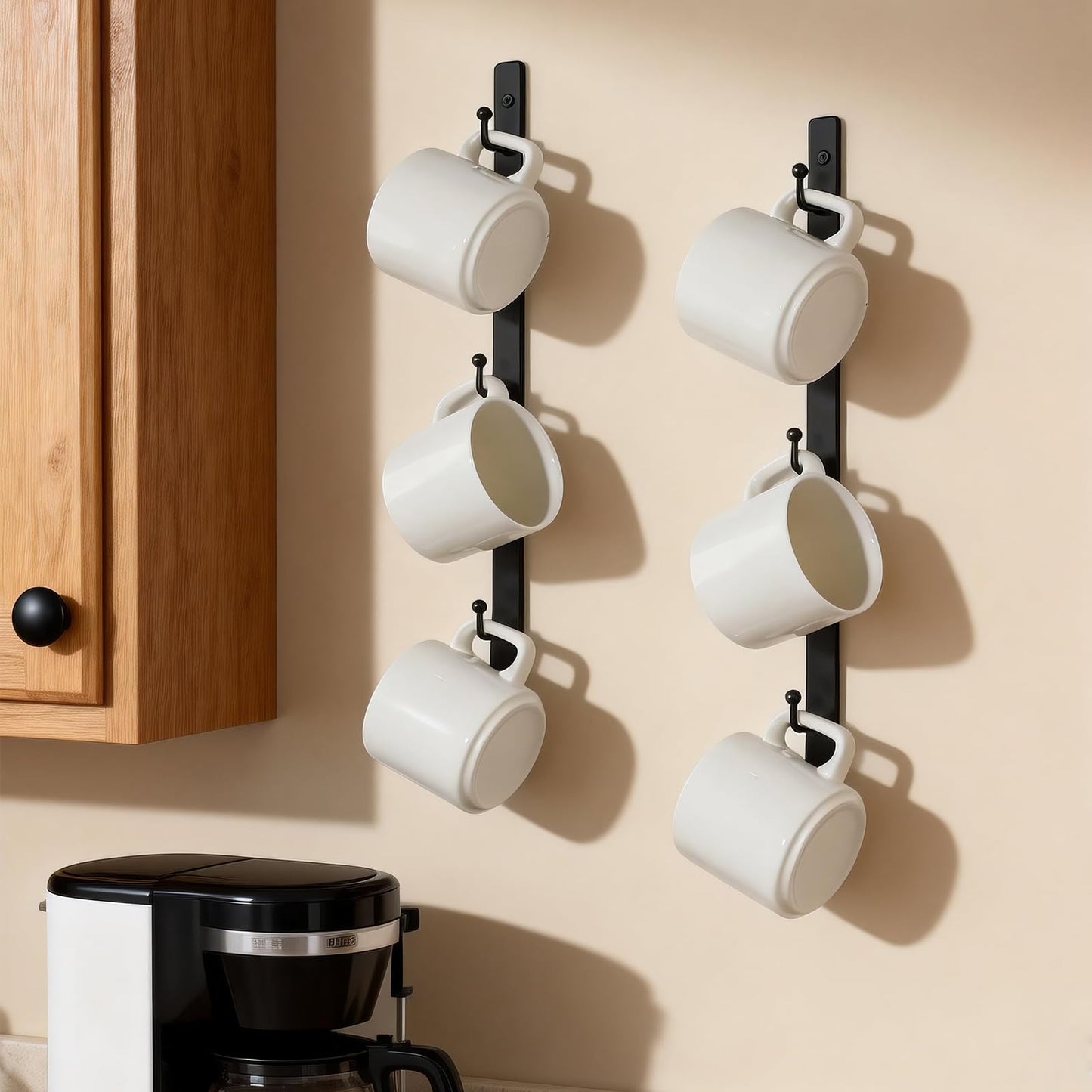 Yohsnor Coffee Mug Rack Set of 2 - Stylish Black Iron Coffee Cup Holder with 6 Hooks, Mounted Shelf for Kitchen & Office, Space-Saving, Easy to Install, Durable & Sturdy Hanger Racks