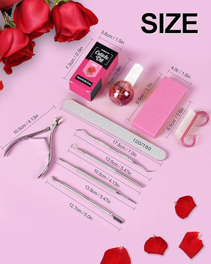 MORGLES Cuticle Remover Kit, 100/180 Nail File and Nail Buffer Blocks, 1 Pcs Rose Cuticle Oil and Professional Pedicure Manicure Tools, Nipper Cutter for Fingernails and Toenails