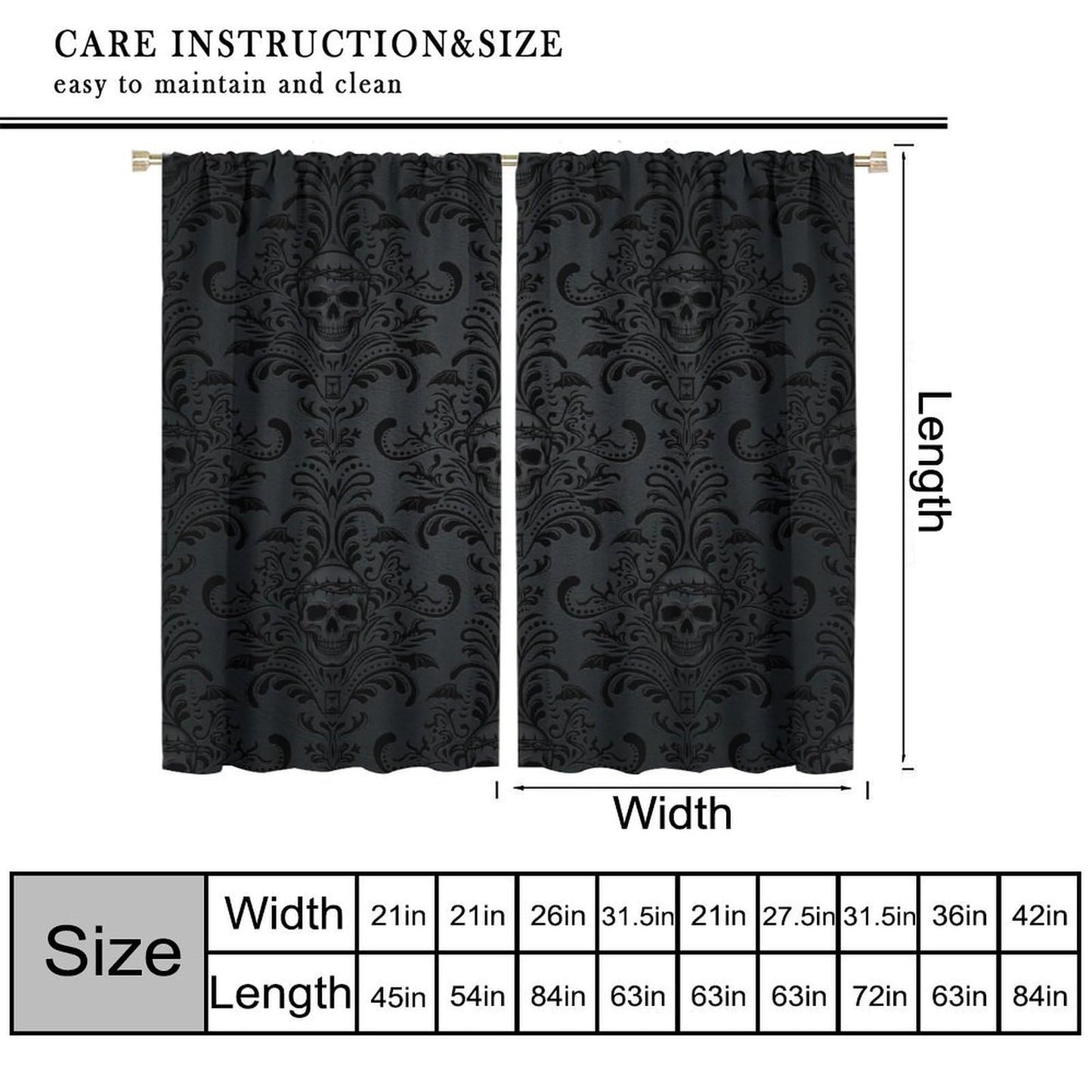 Halloween Curtains for Living Room,Skull Spooky Moody Skeleton Gothic Treatments Drapes for Bedroom Indoor Outdoor Event Party Decor 42" W X 45" L