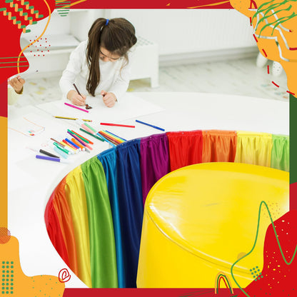 Oudain 14 ft Rainbow Table Skirt Cloths for Teacher Desk Boho Colorful Wrinkle Rainbow Table Cover Skirt for Kindergarten Classroom Kidney Shaped Desk Back to School Supplies
