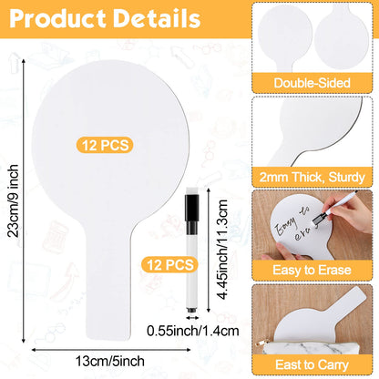 12 Sets 5x9 Inch Answer Dry Erase Paddles and 12 Black Marker Set Handheld Small Dry Erase Board Double Sided Auction Paddles Handheld Whiteboard for Classroom Voting Answering Auction Bidding