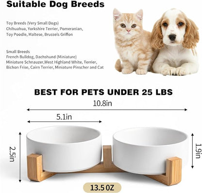 Mowtanco White Ceramic Dog & Cat Bowl Set – 13.5 OZ with Wooden Stand, Non-Slip, Elevated Design for Small Dogs & Cats – 2 Bowls (Food & Water, Ceramic Pet Bowls, Modern Dog Bowls)