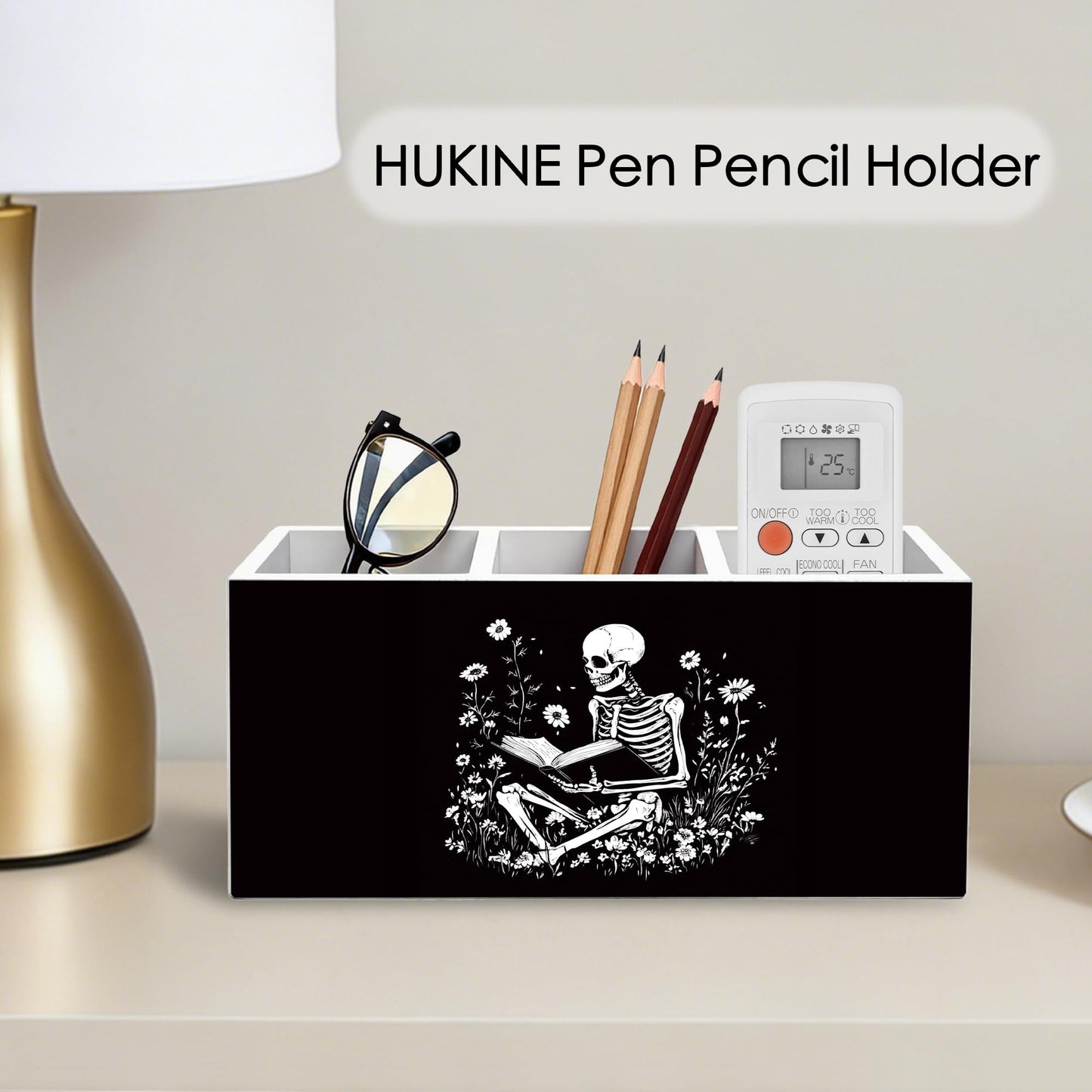 HUKINE Gothic Skeleton Bookish Pen Holder for Desk Decoration, Witchy Gothic Skull Reading Book Wooden Box Sign Pencil Holder Organizer for Home Office Desk Accessories, Book Lover Gifts