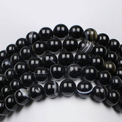 MJDCB Natural Black Striped Agate Round Loose Beads for Jewelry Making DIY Bracelet Necklace (12mm)