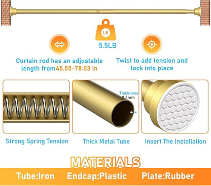 MEXAU Tension Curtain Rod For Window 45-77 Inches Adjustable Expandable Gold Spring Tension Rod Spring Curtain Rods No Drilling Extension Rods Tension Rod for Closet Doorway Kitchen