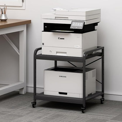 Fannova 2 Tier Under Desk Printer Stand with Storage, 20 Inches Deep Large Printer Table with Height Adjustable Shelf, Rolling Printer Cart with Wheels for Home Office - Black