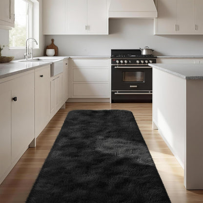 SWGRT 2x6 Solid Fluffy Black Area Rug – Washable, Durable, Small Bedroom Runner Rug, Non-Slip Shag Rugs for Hallway, Living Room, Bedroom, Bedside, Dorms, Kids Room, Nursery Rooms, Soft Indoor Carpet