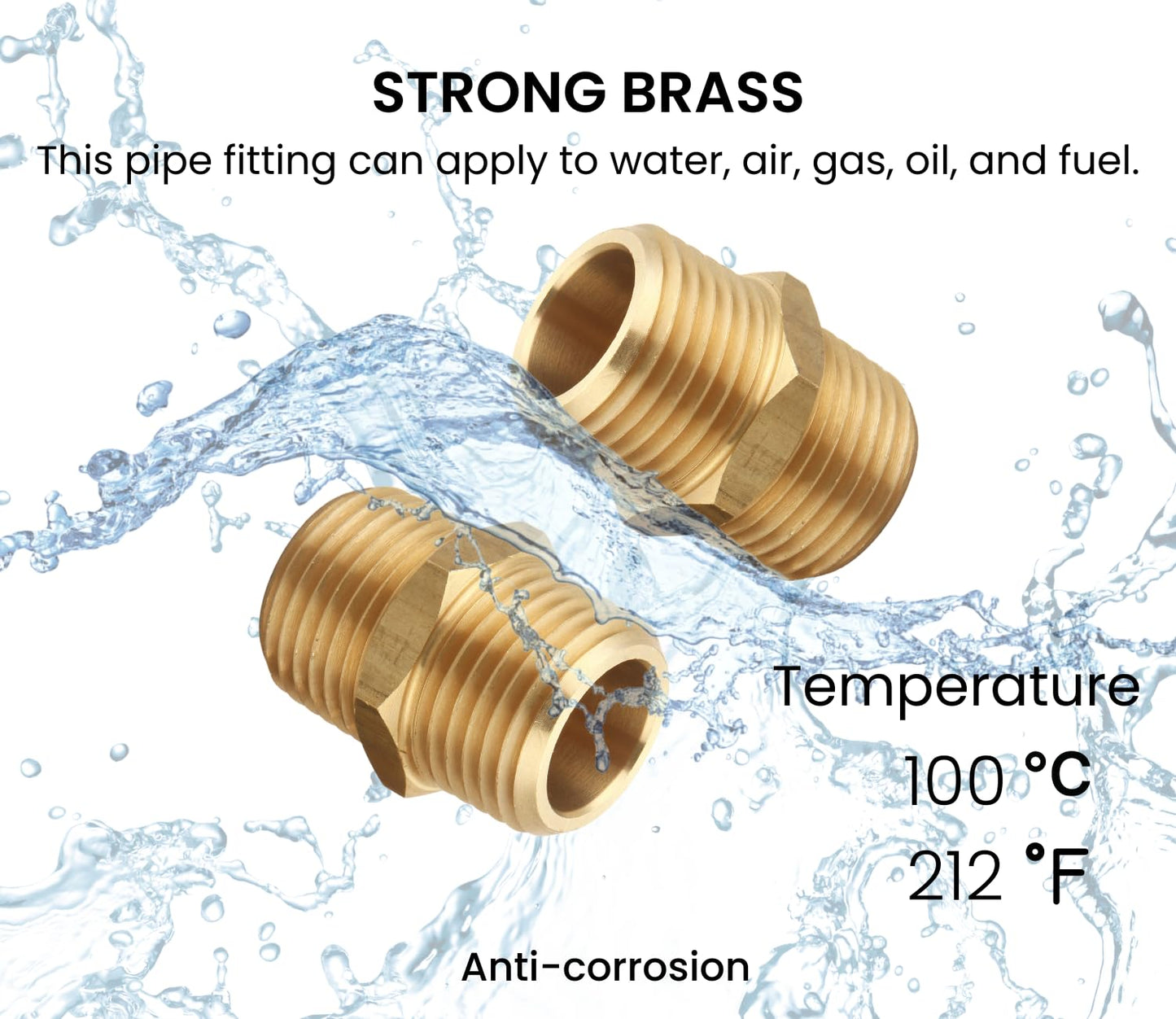 T TANYA HARDWARE 1/2 inch x 1/2 inch NPT Brass Hex Nipple Male Pipe Adapter, Thread 0.75" OD to 0.75" OD (2 Piece)