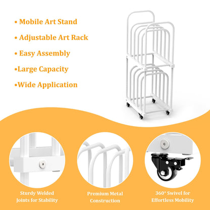BERPET Art Storage Rack with Wheels, Double-Tier Adjustable Metal Drying & Display Stand for Canvas, Boards, Prints, and Artwork – Heavy-Duty Mobile Organizer for Studio, Classroom
