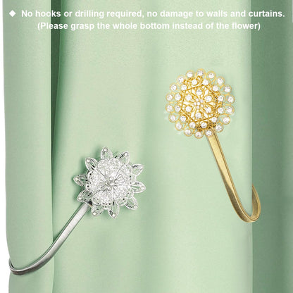 AULEEP Magnetic Curtain Tiebacks, 4 Pack Magnetic Decorative Drapes Curtain Clips Buckle, Flower Curtain Tie Back, European and American Style (Silver)