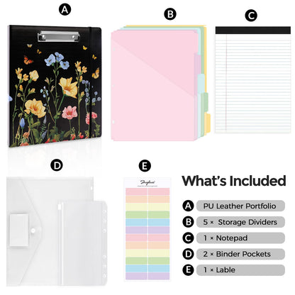 SKYDUE 1 Inch 3-Ring Binder with Clipboard, PU Aesthetic Binder with 5 Dividers, Notepad, Stickers & Pockets for Work and School (Letter Size)