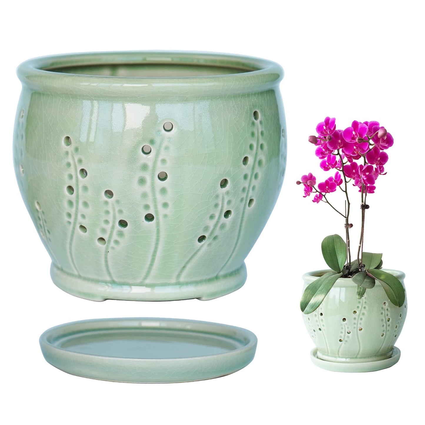 Ceramic Orchid Pot 6.3 Inch, Orchid Pots with Holes, Large Plant Pot for Repotting, Ventilation Holes Breathable for Roots, Durable Ice-Cracked Glaze Ceramic Planter Pot (Grass Green)