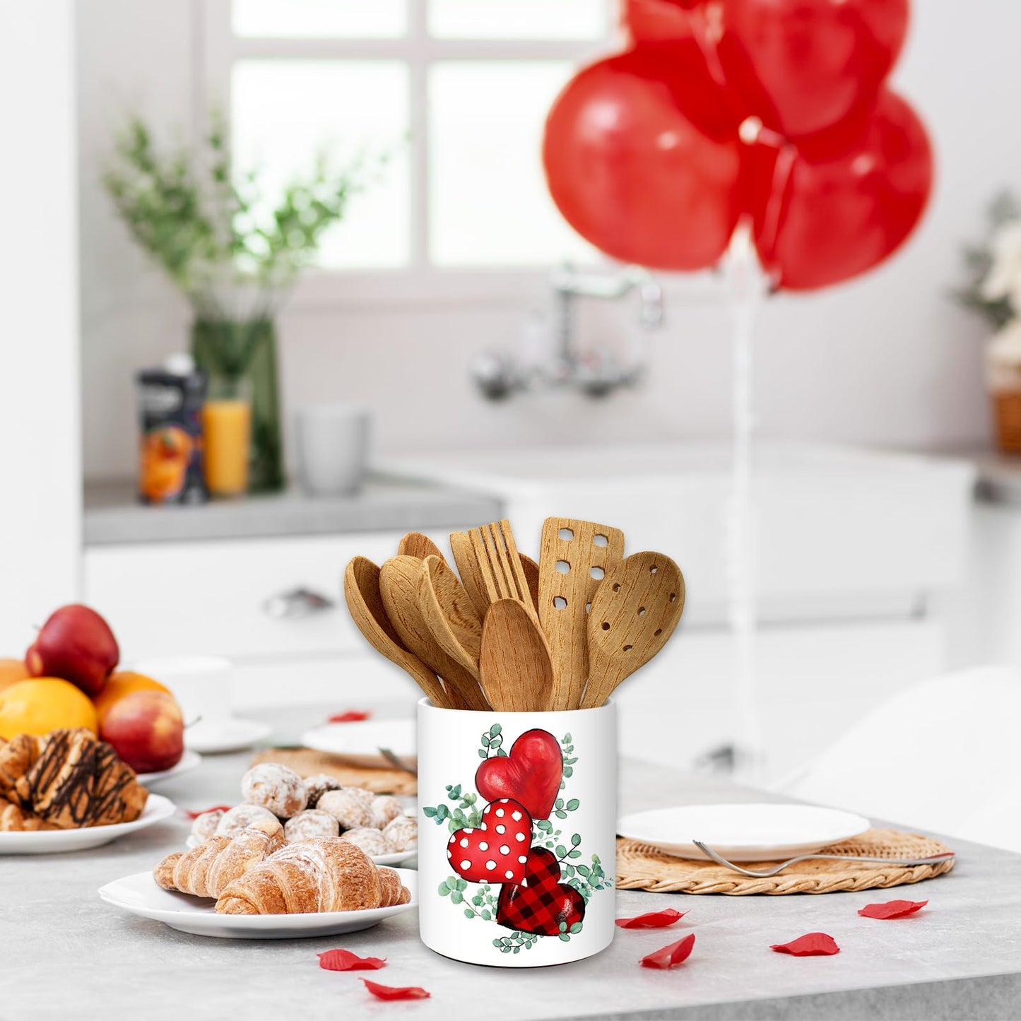 JarThenaAMCS Valentine's Day Ceramic Utensil Holder Green Leaves Red Heart Utensil Crock for Wedding Home Kitchen Countertop Storage Organizer Container