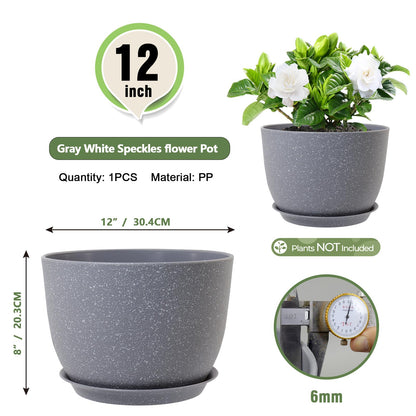 Meowell Plant Pots 12 inch, Plastic Planters with Drainage Holes and Saucers, Large Flower Pots for Indoor Outdoor Plants, Modern Decorative Pots for Garden House Plants, Speckled Grey