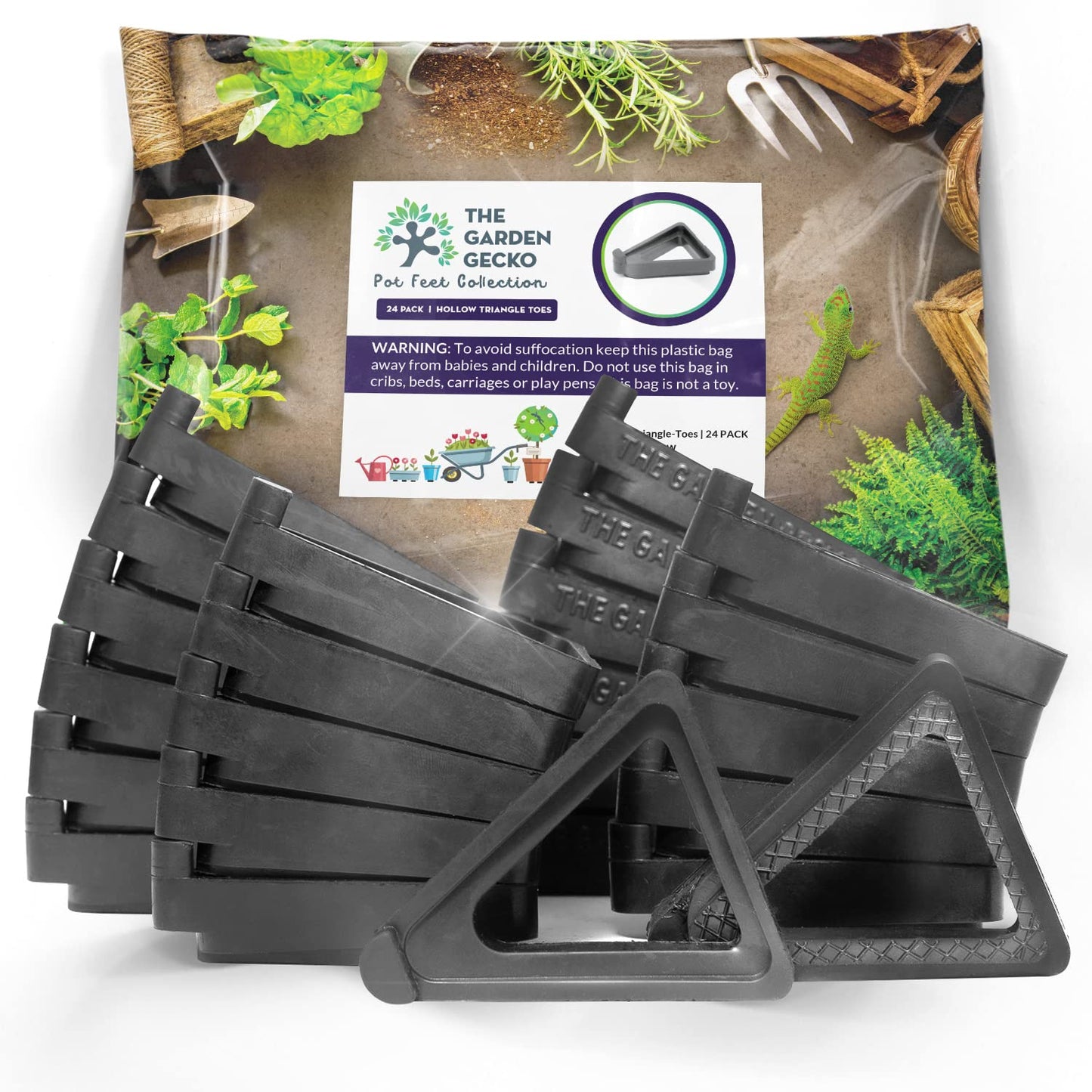 The Garden Gecko Pot feet for Outdoor Plant pots and Flowers, Solid Rubber risers with a Custom Non-Slip Surface Grip | 24 Triangle Hollow Pot-Toe Pcs