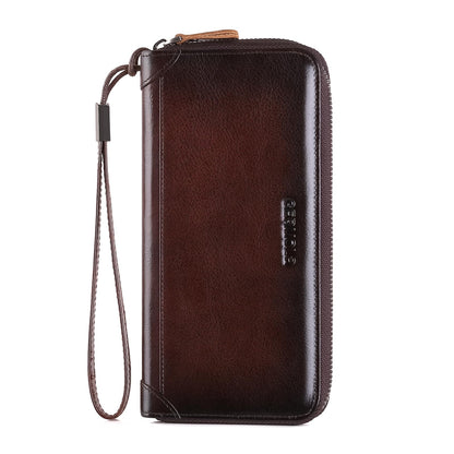 Men's Genuine Leather Zipper Wallet with RFID Blocking, Phone Pocket，Long Zipper Pouch Wallet (Coffee)
