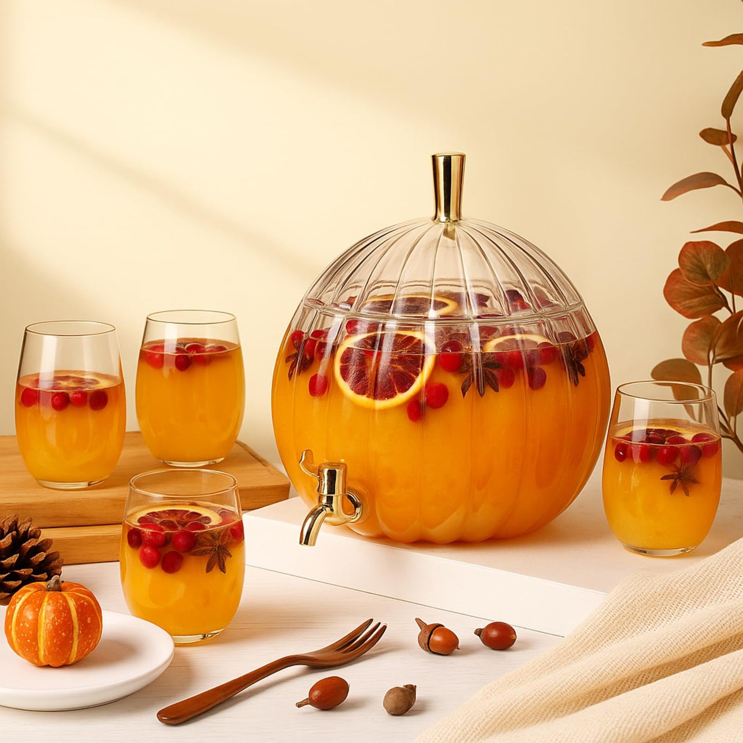 Potchen 1.3 Gallon Thanksgiving Pumpkin Drink Dispenser with 4 Clear Plastic Cups Pumpkin Shaped Drink Dispenser Fall Harvest Kitchen Decoration with Spigot for Halloween Autumn Party Supplies