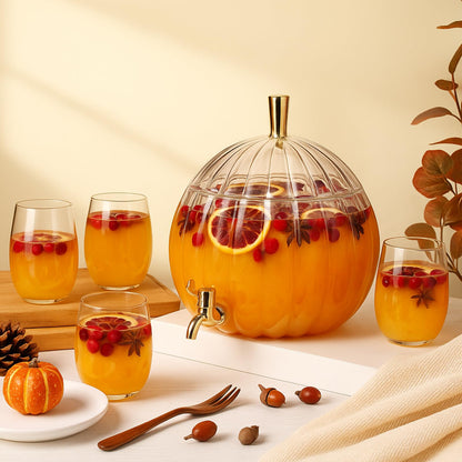 Potchen 1.3 Gallon Thanksgiving Pumpkin Drink Dispenser with 4 Clear Plastic Cups Pumpkin Shaped Drink Dispenser Fall Harvest Kitchen Decoration with Spigot for Halloween Autumn Party Supplies