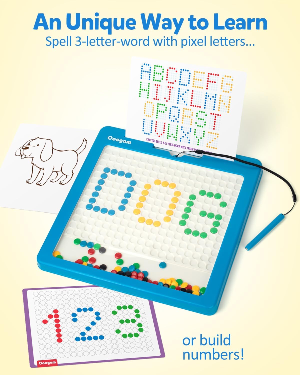 Coogam Magnetic Drawing Board, Large Magnet Doodle Board with Pen and Dot Beads, Color Shape Pattern Art Pad, Montessori Educational Traveling Toy Gift for 3 4 5 6 Years Old Toddlers