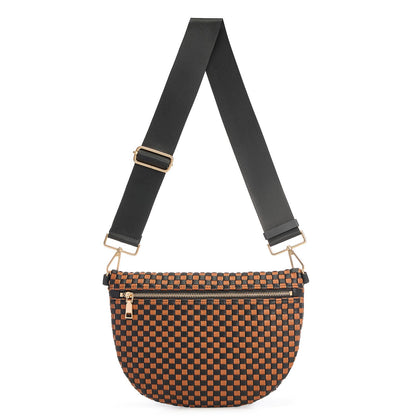 Woven Crossbody Bags For Women, Checkered Fashion PU Bum Bag Waist Pack, Travel Sling Purse with Adjustable Strap（Black and Brown)