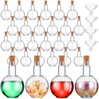 Baderke Plastic Potion Bottles with Cork 8 oz Sand Art Ball Shape Bottles with Funnels Spherical Decorative Candy Jar for Cocktail Witch Costume Props Party DIY Crafts(20 Sets)