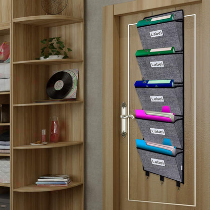 homyfort Over the Door File Organizer Hanging File Folders, Wall Organizers and Storage for Mail, Magazine, Notebooks, Planners, Office, Classroom, 5 Extra Large Pockets (Black with Pattern)
