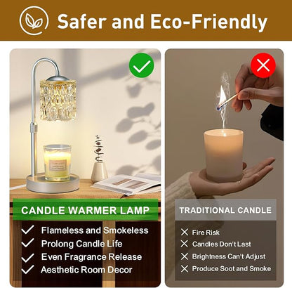 Briever Dimmable Candle Warmer Lamp with Timer, Height Adjustable Electric Candle Wax Warmer, Christmas Birthday Gifts for Women Mom, House Warming Gifts New Home Room Decor, Silver Solid Wood Base