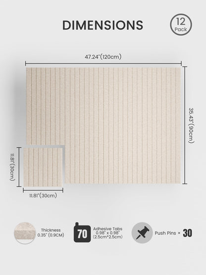 Bumusty Large Cork Board Alternative-48 x 36" Felt Bulletin Board Tiles, with 30 Pushpins, 70 Adhesive Tabs, Fine-Stripe 12-Pack, Cork Boards for Office Push Pin Board Felt Board-Oatmeal