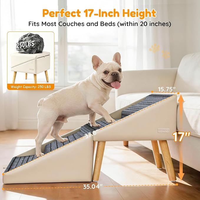 17" H Dog Stairs for Small Dogs – 4-Step Non-Slip Dog Ramp for Couch, Foldable 2-in-1 Pet Stairs & Ottoman, Upgraded Pet Steps for Puppies, Senior Dogs & Injured Pets, Solid Wood Frame (Beige)