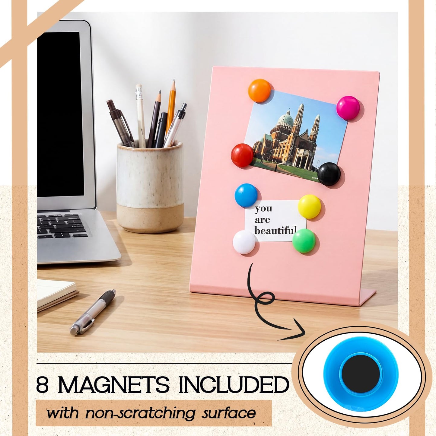 Tosstuki 2 Pack Pink Magnetic Bulletin Board Stand 8 Magnets 11.81 x 9.84 x 3.35 Inch Metal Magnet Display Board Tabletop Memo Display Easel Stand Magnetic for Home School Kitchen Office Photos
